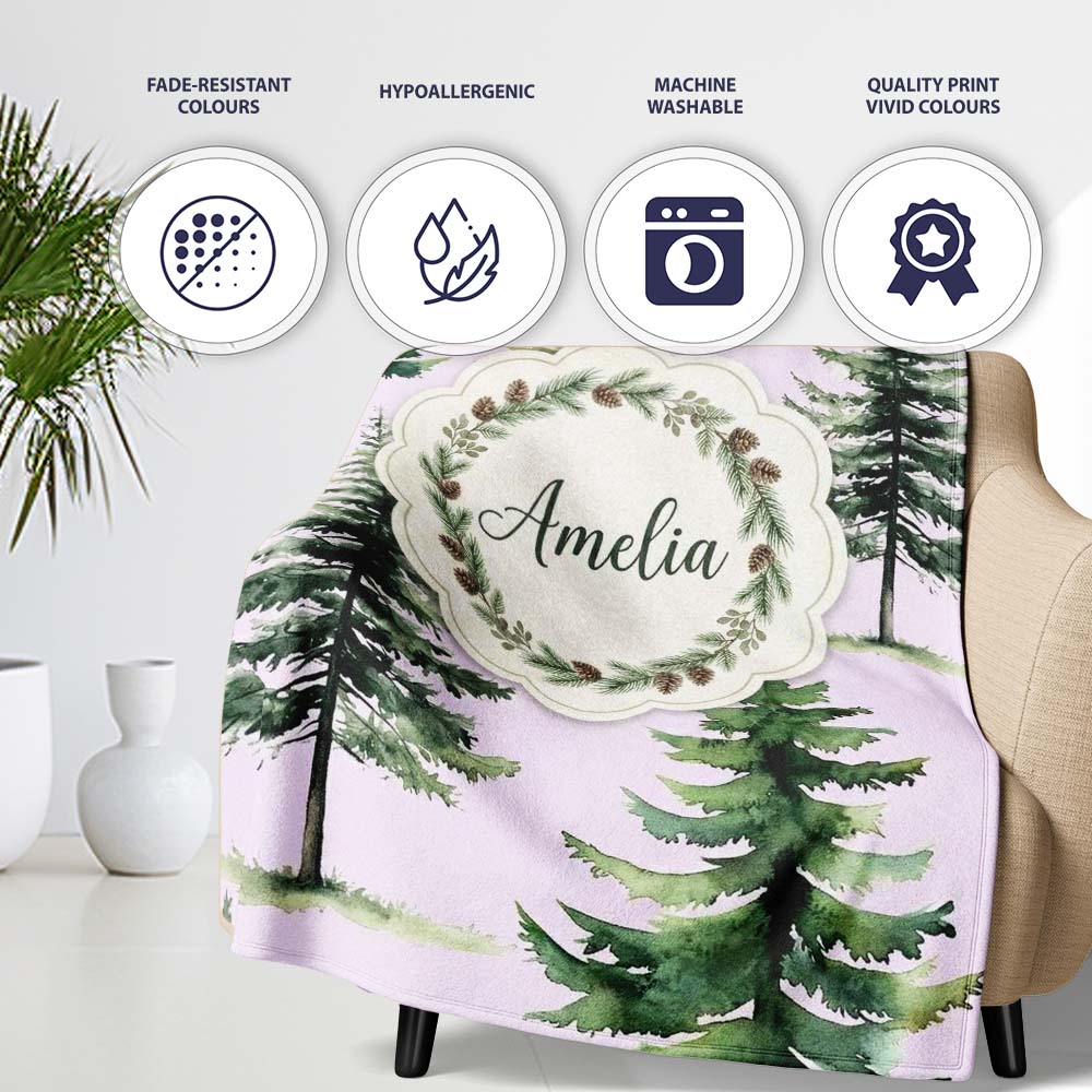 Pine Tree Forest Evergreen Woodland Nature on Soft Lilac Seamless  Personalised Custom Name Super Soft Fleece Blanket Bed Sofa Throw