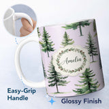 Personalized Custom Name Pine Tree Forest Evergreen Woodland Nature on Soft Lilac Seamless 11oz Ceramic Coffee Tea Mug White Large Handle