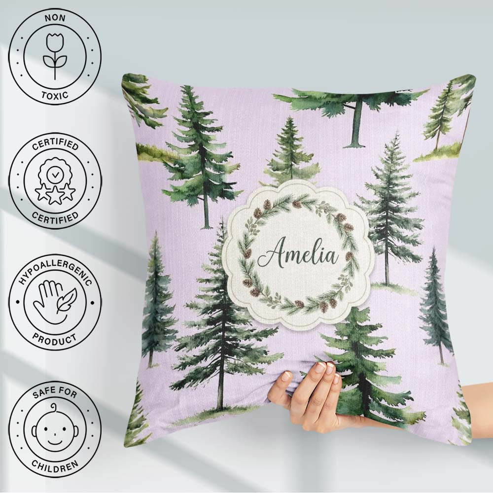 Custom Name Pine Tree Forest Evergreen Woodland on Soft Seamless Square Filled Cushion Throw Pillow Sofa Bed Home Decor Zip Washable UK Made