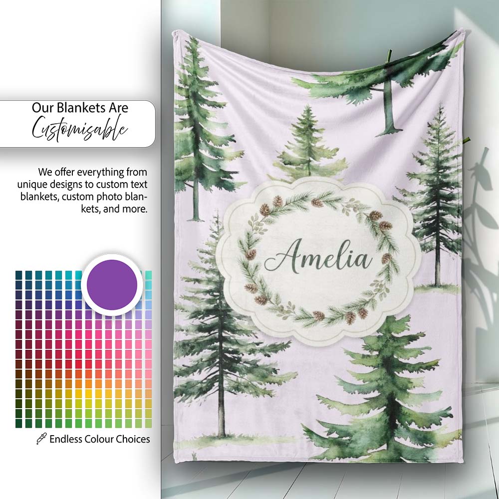 Pine Tree Forest Evergreen Woodland Nature on Soft Lilac Seamless  Personalised Custom Name Super Soft Fleece Blanket Bed Sofa Throw