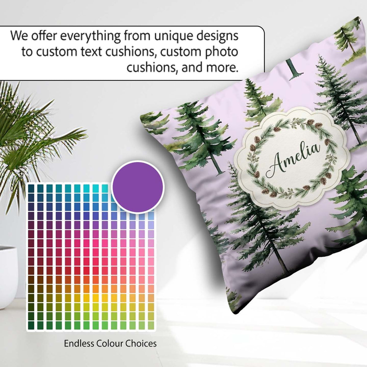 Custom Name Pine Tree Forest Evergreen Woodland on Soft Seamless Square Filled Cushion Throw Pillow Sofa Bed Home Decor Zip Washable UK Made