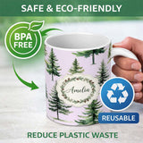 Personalized Custom Name Pine Tree Forest Evergreen Woodland Nature on Soft Lilac Seamless 11oz Ceramic Coffee Tea Mug White Large Handle