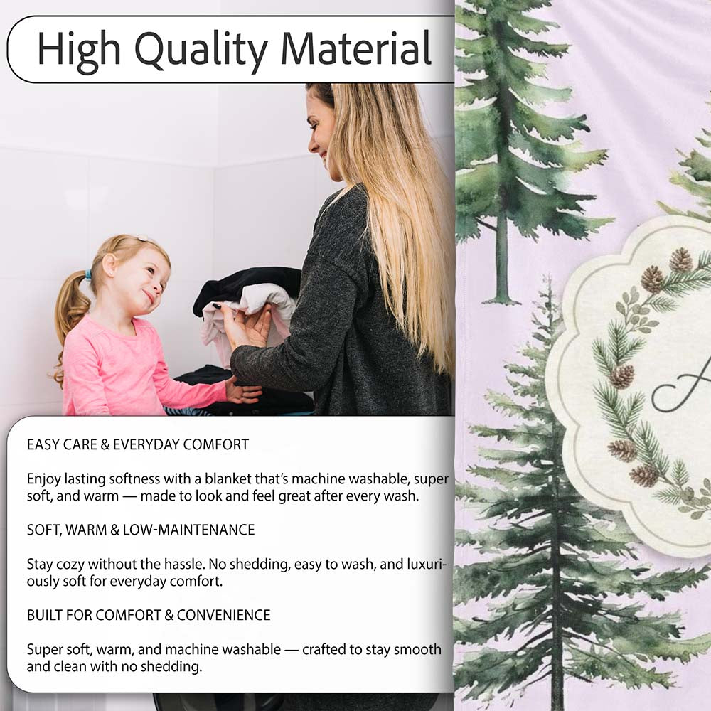 Pine Tree Forest Evergreen Woodland Nature on Soft Lilac Seamless  Personalised Custom Name Super Soft Fleece Blanket Bed Sofa Throw