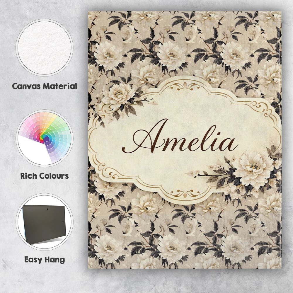 Personalised Name Timeless Botanical Floral Ivory Background Classic Custom  Home Canvas Wall Art Print Decor Picture Ready to Hang
