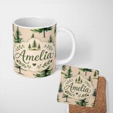 Personalized Custom Name Watercolor Pine Tree Forest Woodland Nature Seamless Pattern Name 11oz Ceramic Coffee Tea Mug White Large Handle