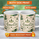 Personalized Custom Name Watercolor Pine Tree Forest Woodland Nature Seamless Pattern Name 11oz Ceramic Coffee Tea Mug White Large Handle