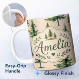 Personalized Custom Name Watercolor Pine Tree Forest Woodland Nature Seamless Pattern Name 11oz Ceramic Coffee Tea Mug White Large Handle