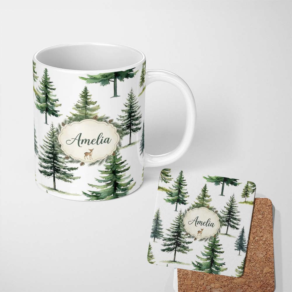 Personalized Custom Name Watercolor Pine Tree Forest Woodland Nature on Light Grey Seamless 11oz Ceramic Coffee Tea Mug White Large Handle