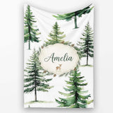 Watercolor Pine Tree Forest Woodland Nature on Light Grey Seamless  Personalised Custom Name Super Soft Fleece Blanket Bed Sofa Throw