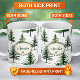 Personalized Custom Name Watercolor Pine Tree Forest Woodland Nature on Light Grey Seamless 11oz Ceramic Coffee Tea Mug White Large Handle