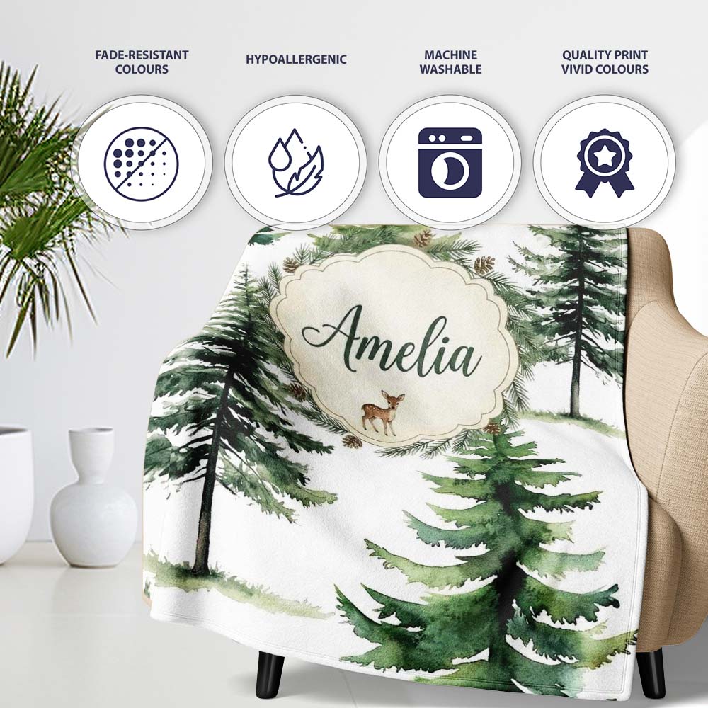 Watercolor Pine Tree Forest Woodland Nature on Light Grey Seamless  Personalised Custom Name Super Soft Fleece Blanket Bed Sofa Throw