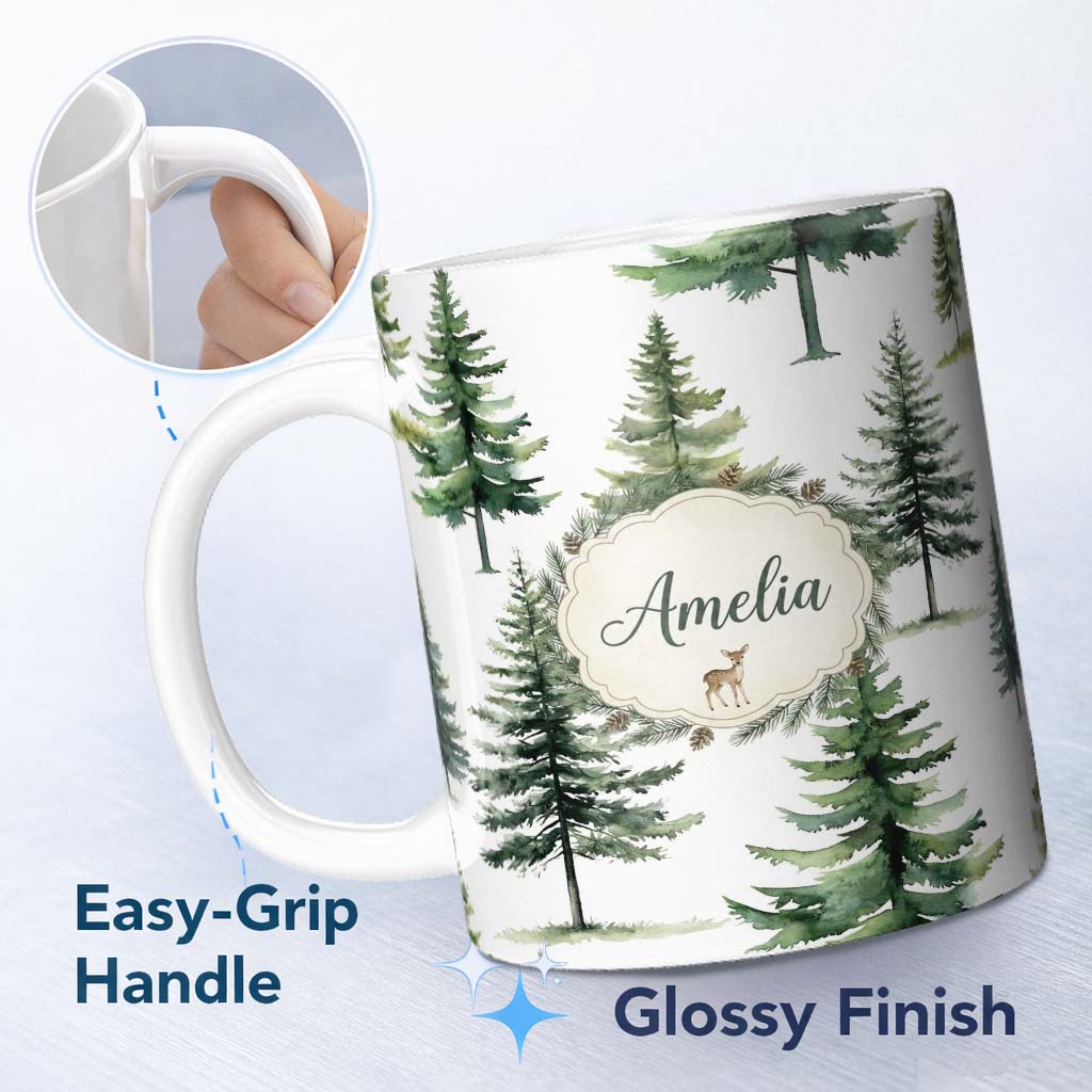 Personalized Custom Name Watercolor Pine Tree Forest Woodland Nature on Light Grey Seamless 11oz Ceramic Coffee Tea Mug White Large Handle