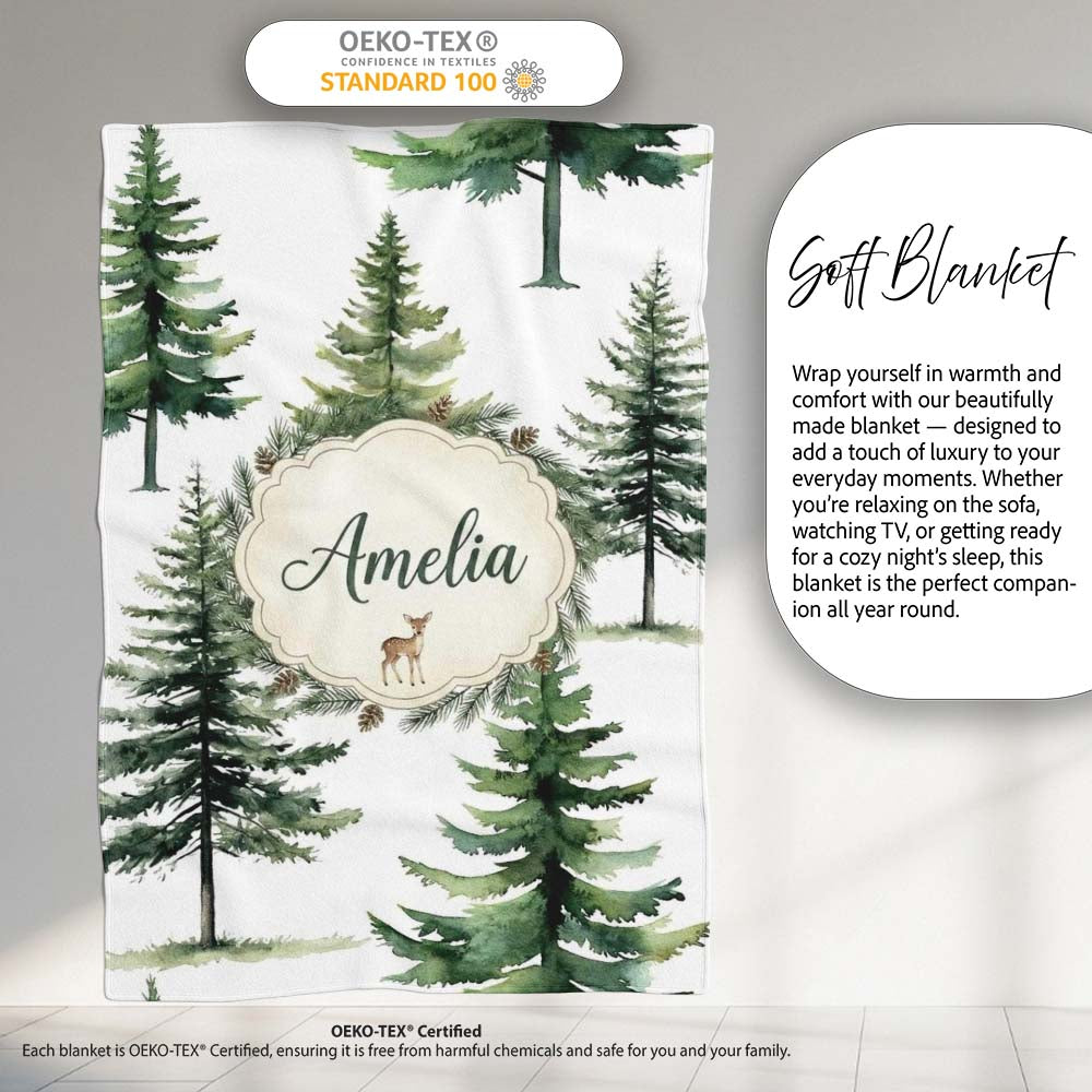 Watercolor Pine Tree Forest Woodland Nature on Light Grey Seamless  Personalised Custom Name Super Soft Fleece Blanket Bed Sofa Throw