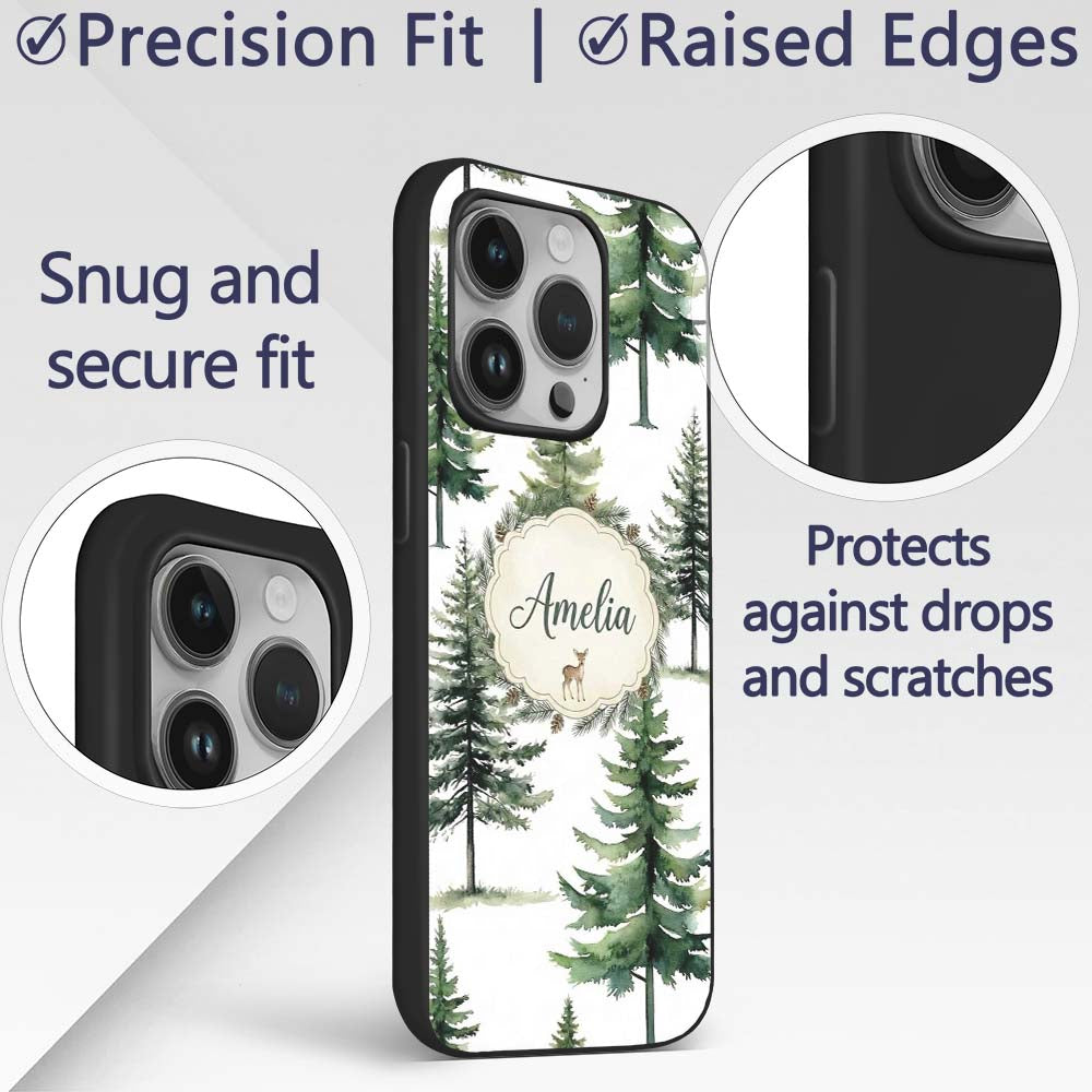 Watercolor Pine Tree Forest Woodland Nature on Custom Name Protective Phone Case Mobile Cover Durable Everyday Smartphone Shock Resistant
