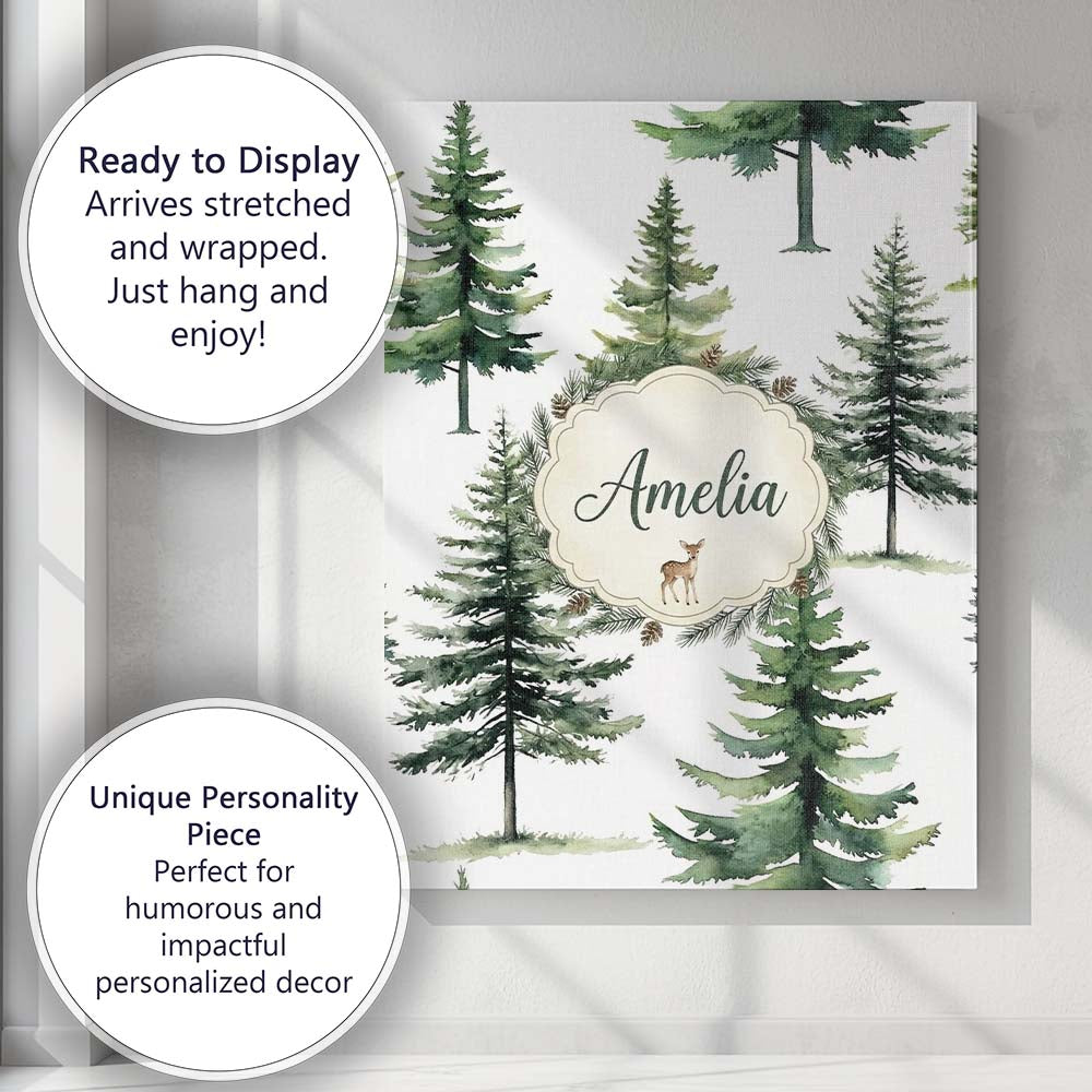 Personalised Name Watercolor Pine Tree Custom  Modern Room Accent Elegant Feature Canvas Wall Art Print Decor Picture Ready to Hang
