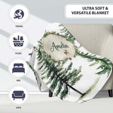 Watercolor Pine Tree Forest Woodland Nature on Light Grey Seamless  Personalised Custom Name Super Soft Fleece Blanket Bed Sofa Throw