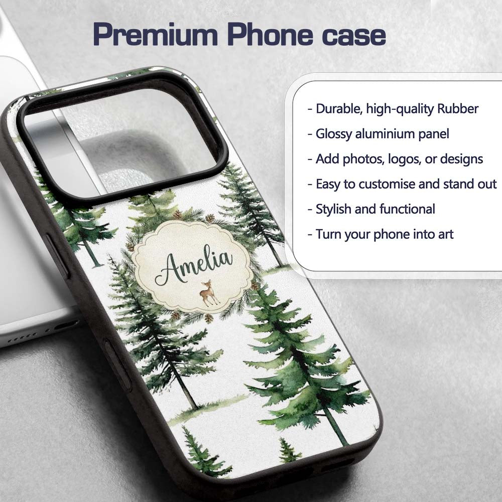 Watercolor Pine Tree Forest Woodland Nature on Custom Name Protective Phone Case Mobile Cover Durable Everyday Smartphone Shock Resistant