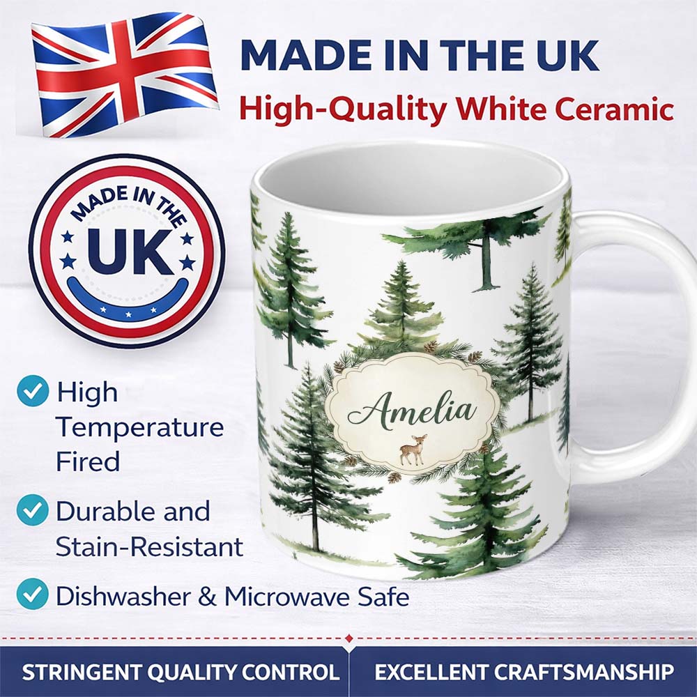 Personalized Custom Name Watercolor Pine Tree Forest Woodland Nature on Light Grey Seamless 11oz Ceramic Coffee Tea Mug White Large Handle