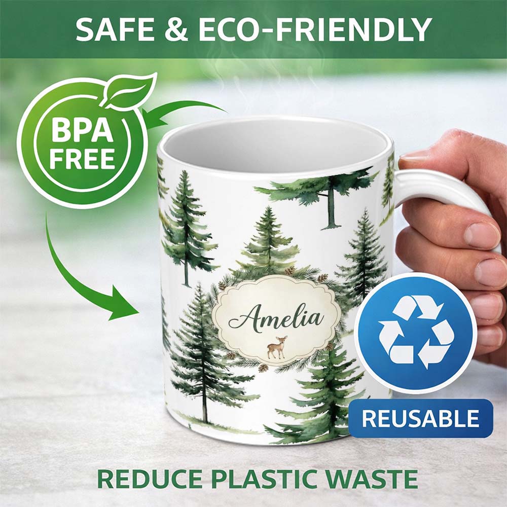 Personalized Custom Name Watercolor Pine Tree Forest Woodland Nature on Light Grey Seamless 11oz Ceramic Coffee Tea Mug White Large Handle