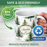 Personalized Custom Name Watercolor Pine Tree Forest Woodland Nature on Light Grey Seamless 11oz Ceramic Coffee Tea Mug White Large Handle