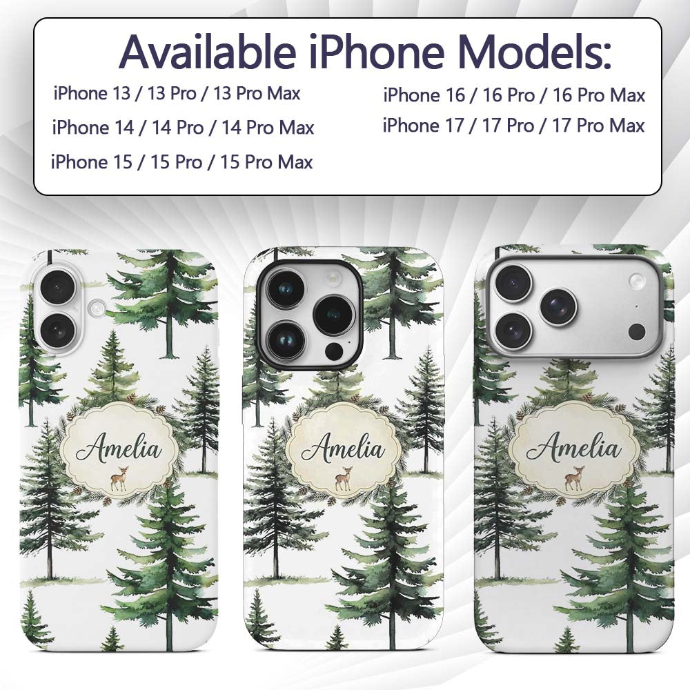 Watercolor Pine Tree Forest Woodland Nature on Custom Name Protective Phone Case Mobile Cover Durable Everyday Smartphone Shock Resistant