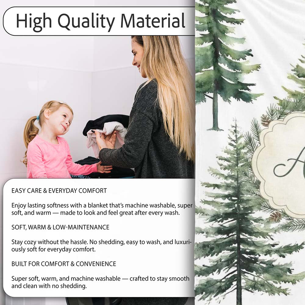 Watercolor Pine Tree Forest Woodland Nature on Light Grey Seamless  Personalised Custom Name Super Soft Fleece Blanket Bed Sofa Throw