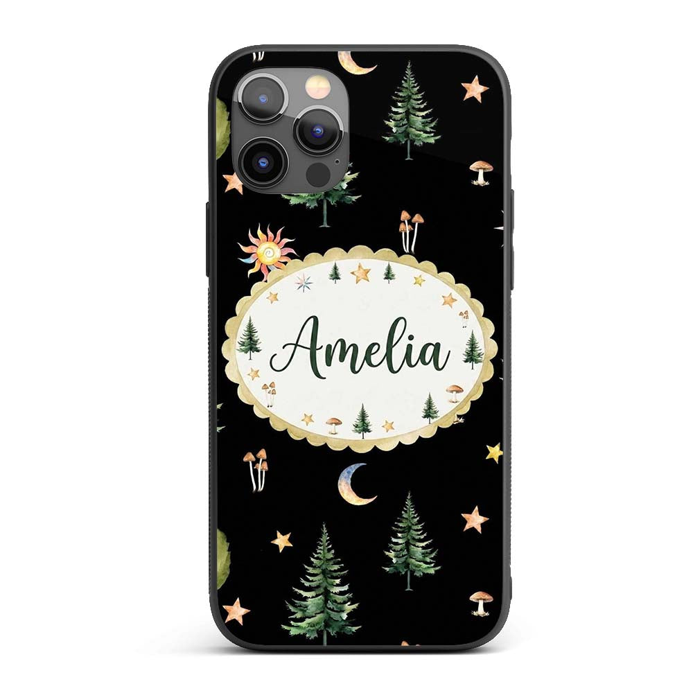 Watercolor Forest Trees Mushrooms Sun Moon Stars Custom Name Protective Phone Case Mobile Cover Durable Everyday Smartphone Shock Resistant