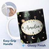 Personalized Custom Name Watercolor Forest Trees Mushrooms Sun Moon Stars Seamless Pattern 11oz Ceramic Coffee Tea Mug White Large Handle
