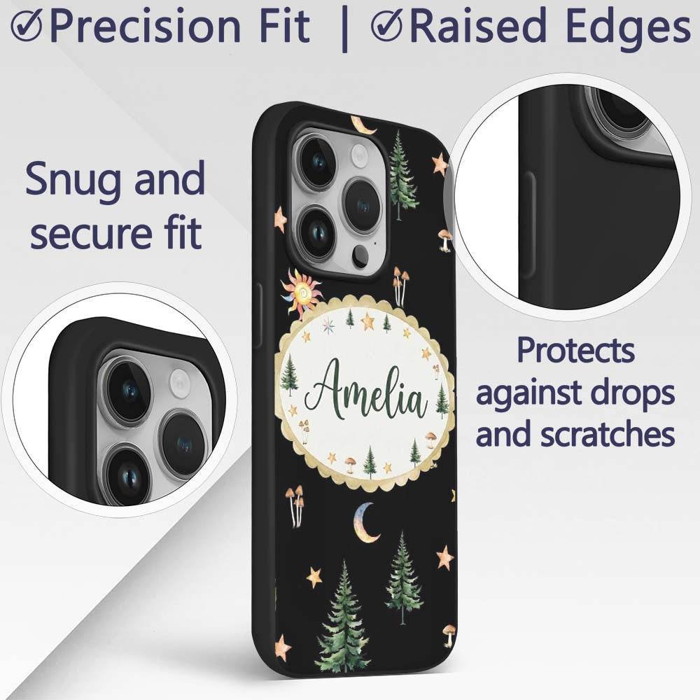 Watercolor Forest Trees Mushrooms Sun Moon Stars Custom Name Protective Phone Case Mobile Cover Durable Everyday Smartphone Shock Resistant