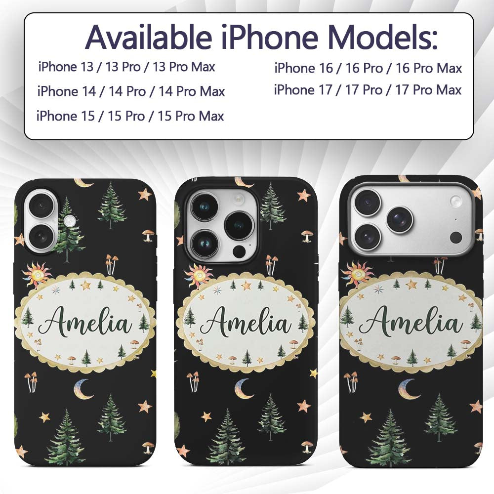 Watercolor Forest Trees Mushrooms Sun Moon Stars Custom Name Protective Phone Case Mobile Cover Durable Everyday Smartphone Shock Resistant