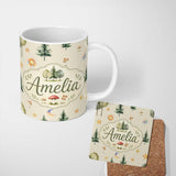 Personalized Custom Name Watercolor Forest Trees Mushrooms Sun Moon Stars on Beige Seamless 11oz Ceramic Coffee Tea Mug White Large Handle