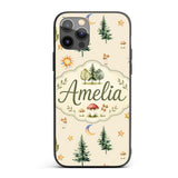 Watercolor Forest Trees Mushrooms Sun Moon Stars Custom Name Protective Phone Case Mobile Cover Durable Everyday Smartphone Shock Resistant