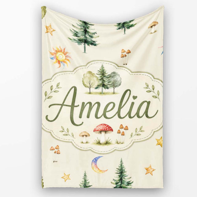 Watercolor Forest Trees Mushrooms Sun Moon Stars on Beige Seamless  Personalised Custom Name Super Soft Fleece Blanket Bed Sofa Throw