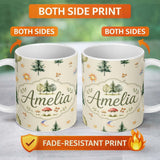 Personalized Custom Name Watercolor Forest Trees Mushrooms Sun Moon Stars on Beige Seamless 11oz Ceramic Coffee Tea Mug White Large Handle