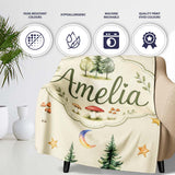 Watercolor Forest Trees Mushrooms Sun Moon Stars on Beige Seamless  Personalised Custom Name Super Soft Fleece Blanket Bed Sofa Throw