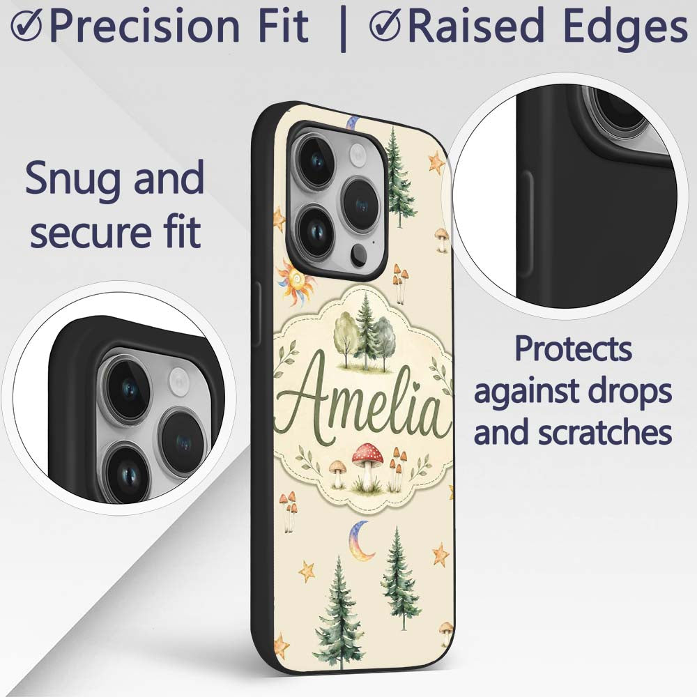 Watercolor Forest Trees Mushrooms Sun Moon Stars Custom Name Protective Phone Case Mobile Cover Durable Everyday Smartphone Shock Resistant