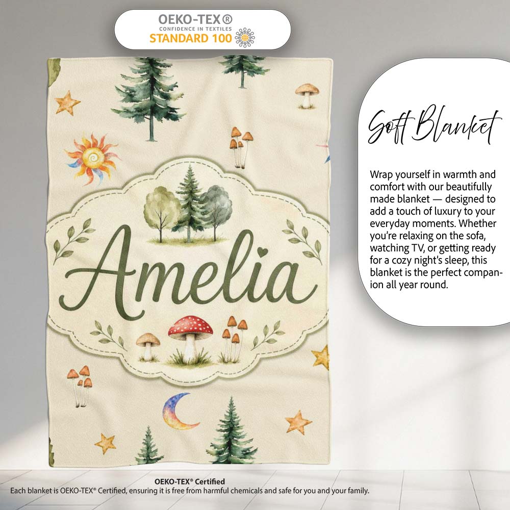 Watercolor Forest Trees Mushrooms Sun Moon Stars on Beige Seamless  Personalised Custom Name Super Soft Fleece Blanket Bed Sofa Throw