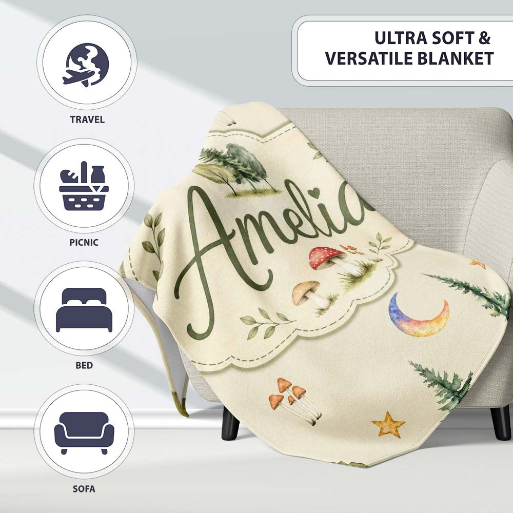 Watercolor Forest Trees Mushrooms Sun Moon Stars on Beige Seamless  Personalised Custom Name Super Soft Fleece Blanket Bed Sofa Throw