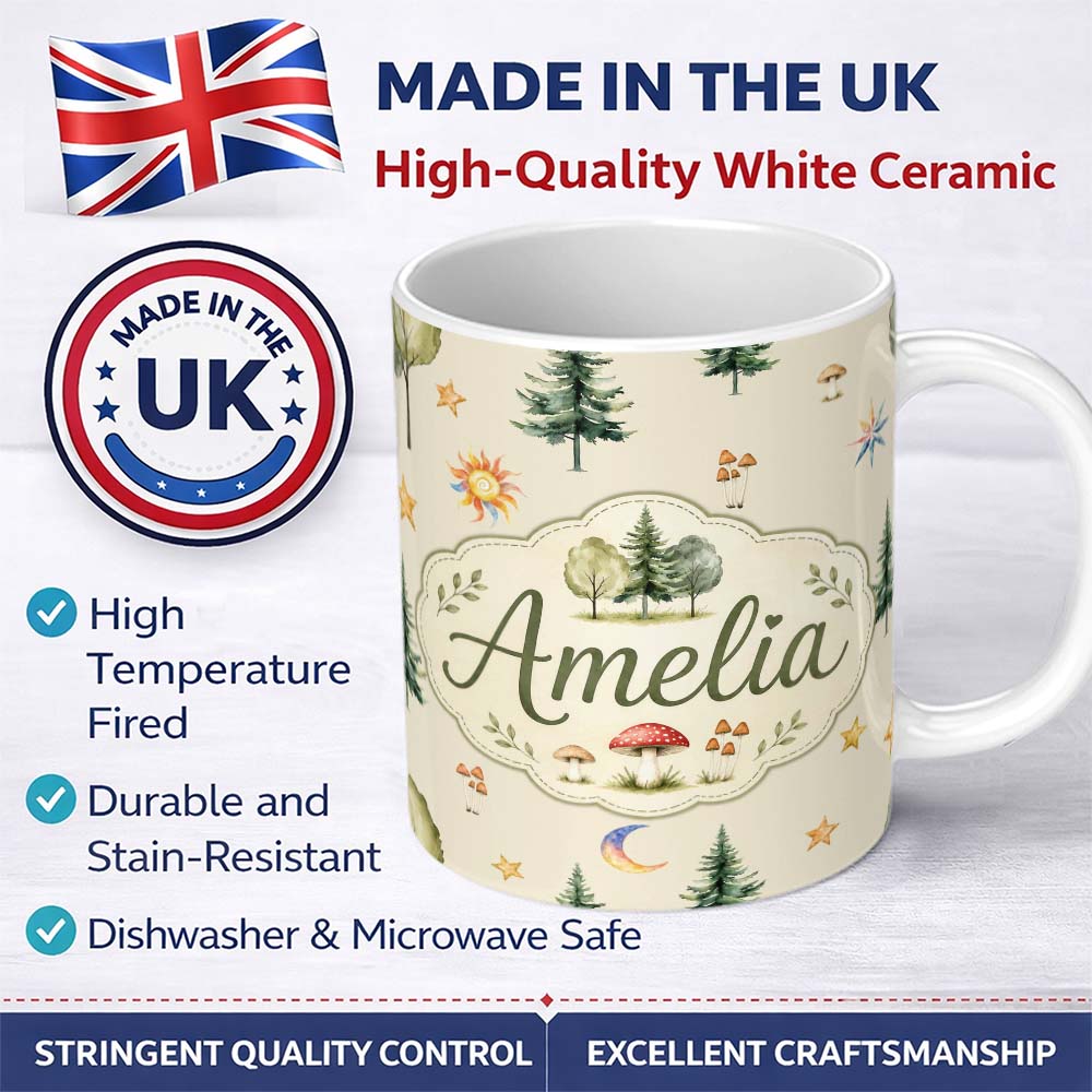 Personalized Custom Name Watercolor Forest Trees Mushrooms Sun Moon Stars on Beige Seamless 11oz Ceramic Coffee Tea Mug White Large Handle