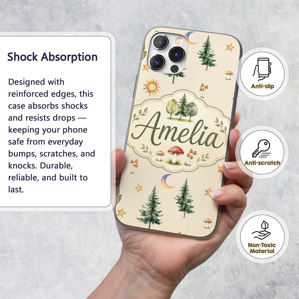 Watercolor Forest Trees Mushrooms Sun Moon Stars Custom Name Protective Phone Case Mobile Cover Durable Everyday Smartphone Shock Resistant