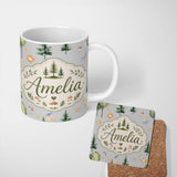 Personalized Custom Name Watercolor Forest Trees Mushrooms Sun Moon Stars on Soft Grey 11oz Ceramic Coffee Tea Mug White Large Handle