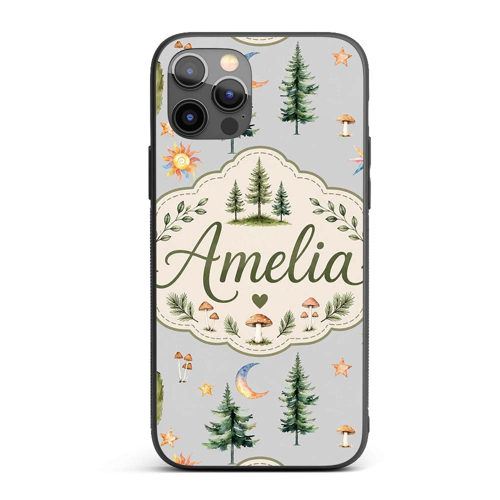 Watercolor Forest Trees Mushrooms Sun Moon Stars Custom Name Protective Phone Case Mobile Cover Durable Everyday Smartphone Shock Resistant