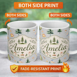 Personalized Custom Name Watercolor Forest Trees Mushrooms Sun Moon Stars on Soft Grey 11oz Ceramic Coffee Tea Mug White Large Handle