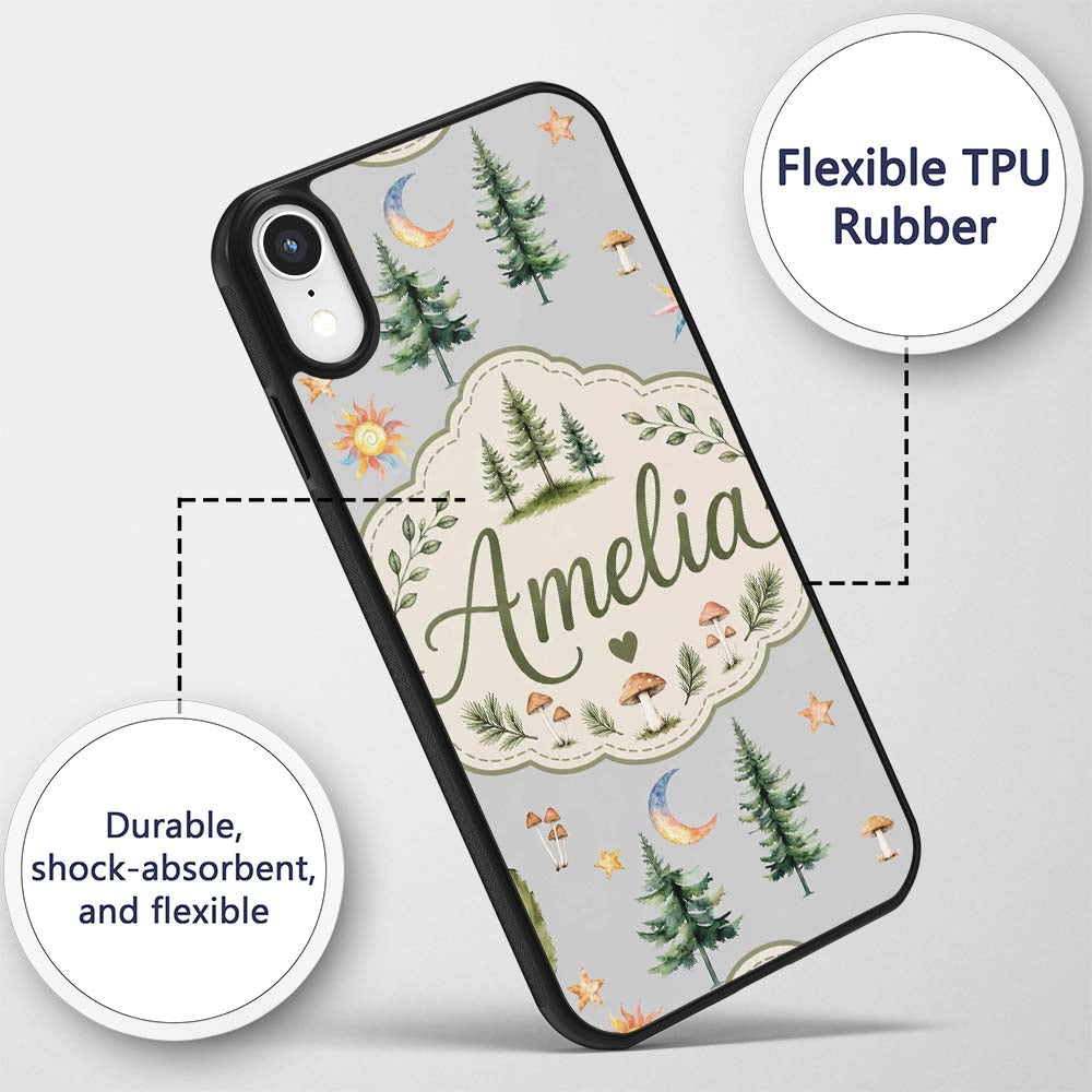 Watercolor Forest Trees Mushrooms Sun Moon Stars Custom Name Protective Phone Case Mobile Cover Durable Everyday Smartphone Shock Resistant
