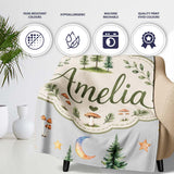 Watercolor Forest Trees Mushrooms Sun Moon Stars on Soft Grey  Personalised Custom Name Super Soft Fleece Blanket Bed Sofa Throw