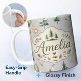 Personalized Custom Name Watercolor Forest Trees Mushrooms Sun Moon Stars on Soft Grey 11oz Ceramic Coffee Tea Mug White Large Handle