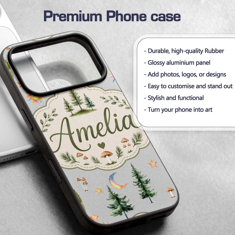 Watercolor Forest Trees Mushrooms Sun Moon Stars Custom Name Protective Phone Case Mobile Cover Durable Everyday Smartphone Shock Resistant