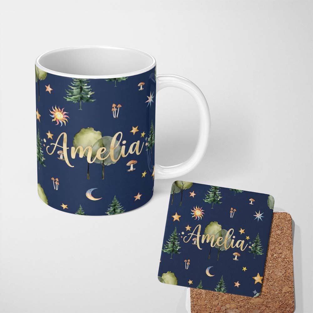 Personalized Custom Name Watercolor Forest Trees Mushrooms Sun Moon Stars on Dark Blue 11oz Ceramic Coffee Tea Mug White Large Handle