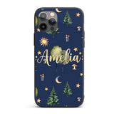 Watercolor Forest Trees Mushrooms Sun Moon Stars Custom Name Protective Phone Case Mobile Cover Durable Everyday Smartphone Shock Resistant