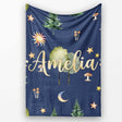 Watercolor Forest Trees Mushrooms Sun Moon Stars on Dark Blue  Personalised Custom Name Super Soft Fleece Blanket Bed Sofa Throw